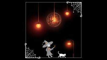 1girl animal black_background border cat closed_eyes closed_mouth commentary commentary_request dress endlesscat english_commentary greyscale halloween hand_up hanging_light hat hat_ornament highres jack-o'-lantern lamppost long_dress long_sleeves medium_hair mixed-language_commentary monochrome original silk simple_background smile solo spider_web spot_color star_(symbol) walking white_border white_cat witch_hat