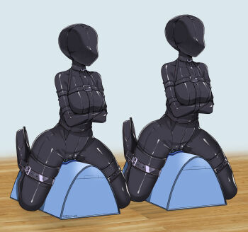 2girls absurdres bdsm bodysuit commission eudetenis face_mask forced_orgasm full_body gag gyaru high_heels highres lilya_(pretzelfan) long_hair mask multiple_girls navel riding_machine sensory_deprivation sex_machine sex_toy source_request straitjacket sybian tagme vibrator yuriko_(pretzelfan)