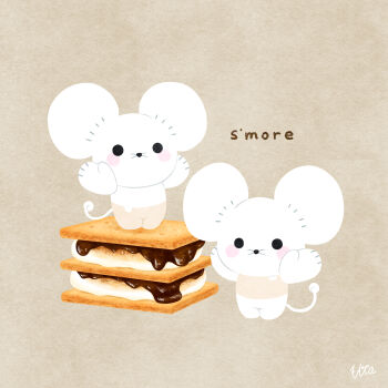 Rule 34 | animal focus, commentary request, english text, food, full body, grey background, highres, mouse (animal), nintendo, no humans, no lineart, pokemon, pokemon (creature), pokemon focus, s'more, simple background, solid circle eyes, tandemaus, uta (pixiv 4699580)