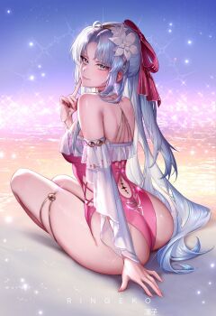 1girl artist_name ass back_cutout bare_legs bare_shoulders bow breasts carlotta_(splashing_summer)_(wuthering_waves) carlotta_(wuthering_waves) casual_one-piece_swimsuit closed_mouth clothing_cutout commentary english_commentary finger_to_face fingernails flower frilled_one-piece_swimsuit frills from_behind gold_hairband hair_bow hair_flower hair_ornament hairband highres index_finger_raised legs long_fingernails long_hair looking_at_viewer looking_back medium_breasts ocean official_alternate_costume one-piece_swimsuit paid_reward_available parted_bangs pink_bow pink_one-piece_swimsuit ringeko-chan shore sitting smile solo striped_bow swimsuit tacet_mark_(wuthering_waves) thighs very_long_hair white_eyes white_flower white_hair wuthering_waves