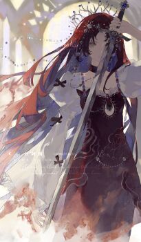 Rule 34 | absurdres, black bow, blue gem, bow, brown hair, choker, closed mouth, commission, cowboy shot, day, eyelashes, floating hair, gem, grey eyes, hair ornament, highres, holding, holding sword, holding weapon, indoors, juliet sleeves, long hair, long sleeves, looking at viewer, mihuashi commission, one eye covered, original, parted bangs, puffy sleeves, red gem, shen a fang, sidelocks, standing, sunlight, sword, very long hair, watermark, weapon