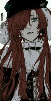 Rule 34 | 1girl, black hat, black vest, blue eyes, cape, fur-trimmed cape, fur trim, gyujik qzc, hair over one eye, hat, highres, looking at viewer, low twintails, one eye covered, parted lips, portrait, red cape, red hair, reverse:1999, solo, twintails, vest, white background, yenisei (reverse:1999)