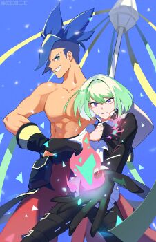 2boys 8083_blue ascot black_jacket blue_background blue_eyes blue_hair bright_pupils closed_mouth commentary_request feet_out_of_frame fire galo_thymos green_hair grin highres jacket lio_fotia matoi multiple_boys outstretched_arm pants pectorals pink_fire promare purple_eyes red_pants red_pupils short_hair sideburns smile topless_male undercut white_ascot white_pupils
