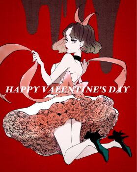 Rule 34 | 1girl, back bow, backless dress, backless outfit, bare arms, bare legs, bare shoulders, black footwear, blue eyes, bob cut, bow, breasts, brown hair, chocolate, choker, closed mouth, dress, english text, eyelashes, flower, flower underskirt, from behind, frown, full body, hair behind ear, hair bow, high heels, highres, holding, holding ribbon, jumping, lipstick, looking at viewer, looking back, makeup, medium breasts, nail polish, original, parted bangs, red background, red bow, red flower, red lips, red nails, red rose, red theme, remon (10112), ribbon, rose, sash, shoe soles, short dress, short hair, solo, stiletto heels, strapless, strapless dress, thick eyebrows, valentine, w arms, white dress