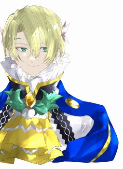 1boy alfred_(fire_emblem) ascot blonde_hair blue_cape cape circlet fire_emblem fire_emblem_engage gem green_eyes hair_between_eyes highres konnichi_warou male_focus nintendo orange_gemstone prince smile yellow_ascot
