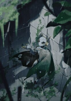 cloak corvus_noctis crack cracked_wall day from_above full_body highres humanoid_robot iterator_(rain_world) joints no_humans no_mouth original plant rain rain_world robot robot_ears robot_joints standing watermark