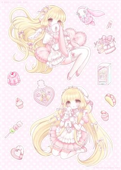 1girl absurdres animal apron atashi_(chobits) blonde_hair blunt_bangs blush_stickers brown_eyes cake cat character_doll chii chobits cupcake doll donut dress floating floating_hair food fork frilled_apron frilled_pillow frills gloves hair_ribbon headdress heart heart-shaped_pillow heart_background highres holding holding_animal humanoid_robot juliet_sleeves long_hair long_sleeves looking_at_viewer mary_janes mipi_(u3u_00) multiple_views outline parted_hair parted_lips persocom pillow pink_background pink_dress pink_ribbon pink_shoes pudding puffy_short_sleeves puffy_sleeves ribbon robot robot_ears shoes short_sleeves sleeves_past_wrists socks straight_hair taco thighhighs very_long_hair waist_apron white_apron white_cat white_gloves white_headdress white_outline white_socks white_thighhighs