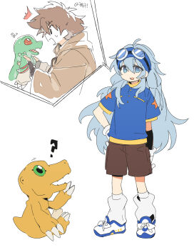 Rule 34 | 3 ma me, ?, agumon, blue eyes, blue hair, blue headband, blue shirt, brown hair, brown robe, brown shorts, cosplay, costume switch, digimon, digimon (creature), digimon adventure, eria (yu-gi-oh!), eria the water charmer, gigobyte, goggles, goggles on head, headband, highres, lizard, long hair, robe, shirt, shorts, very long hair, yagami taichi, yu-gi-oh!