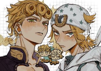 Rule 34 | 2boys, blonde hair, blue eyes, blush, commentary request, earrings, giorno giovanna, glint, green eyes, grid background, hair through headwear, hat, highres, horseshoe, jewelry, johnny joestar, jojo no kimyou na bouken, looking at viewer, multiple boys, neg 50asu, parted lips, pectoral cleavage, pectorals, steel ball run, tears, vento aureo, white hat