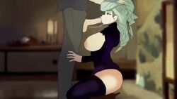 Rule 34 | 1boy, 1girl, angel of light, animated, black dress, black eyes, blurry, blurry background, boots, braid, breasts, breasts out, brown footwear, commission, cum, cum in mouth, dress, ejaculation, fellatio, full body, grabbing another's hair, grey hair, hairdressing, half-closed eyes, hetero, high heel boots, high heels, holding another's hair, indoors, interior, irrumatio, jujutsu kaisen, large breasts, long hair, long sleeves, looking ahead, looking at another, looking up, makeup, mei mei (jujutsu kaisen), nipples, no bra, oral, pumping, purple thighhighs, runny makeup, saliva, shiny skin, solo focus, sound, tagme, thick thighs, thighhighs, thighs, tongue, tongue out, torn clothes, torn dress, video, zerodiamonds (voice actor)