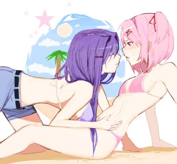 2girls beach bikini blue_shorts blue_sky blush breasts closed_eyes closed_mouth coconut_tree commentary doki_doki_literature_club english_commentary from_side hand_on_another&#039;s_waist highres imminent_kiss long_hair misspinkb multiple_girls natsuki_(doki_doki_literature_club) outdoors palm_tree parted_lips pink_bikini pink_eyes pink_hair profile purple_bikini purple_hair shorts sky small_breasts star_(symbol) sun swimsuit tree two_side_up yuri yuri_(doki_doki_literature_club)