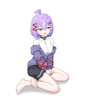 1girl absurdres barefoot feet highres langui_moxia medium_hair open_mouth original purple_hair soles toes yellow_eyes