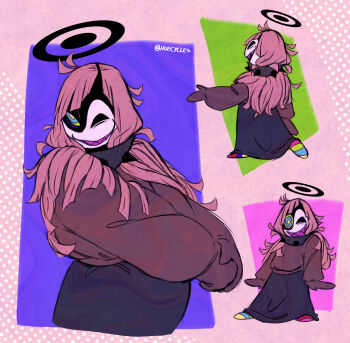 1girl deltarune dress halo halojack_(huecycles) highres huecycles long_skirt multicolored_eyes original sharp_teeth skirt solo_focus standing teeth utdr_(toby_fox)