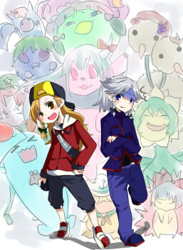 2girls aki_minoriko aki_shizuha alternate_costume bad_id bad_pixiv_id baseball_cap blonde_hair blue_eyes blush braid brown_eyes cosplay crossed_arms cyndaquil doduo ethan_(pokemon) ethan_(pokemon)_(cosplay) ex-keine female_focus fujiwara_no_mokou gen_1_pokemon gen_2_pokemon hat hitmonchan hong_meiling ibuki_suika izayoi_sakuya kamishirasawa_keine kazami_yuuka kirisame_marisa miltank multiple_girls murasa_minamitsu natu nintendo parody patchouli_knowledge pokemon pokemon_hgss psyduck pun2 red_eyes remilia_scarlet rumia side_braid silver_(pokemon) silver_(pokemon)_(cosplay) silver_hair sunflora touhou twin_braids udder venonat wobbuffet wriggle_nightbug zubat