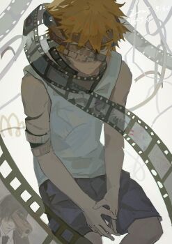 Rule 34 | 2boys, 2girls, absurdres, black eyes, blue shorts, chainsaw man, closed mouth, denji (chainsaw man), film strip, gun devil (chainsaw man), hayakawa aki, highres, invisible floor, limit932, male focus, multiple boys, multiple girls, orange hair, pochita (chainsaw man), power (chainsaw man), reze (chainsaw man), short hair, shorts, sitting, solo focus, tank top, white tank top