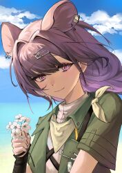 Rule 34 | 1girl, absurdres, animal ear piercing, animal ears, arknights, blue sky, chinese commentary, closed mouth, cloud, collared shirt, commentary request, day, fingernails, flower, fuhei09020529, green shirt, hair intakes, hair ornament, hairclip, hand up, highres, holding, holding flower, horizon, light smile, long hair, looking at viewer, lutonada (arknights), mouse ears, mouse girl, open clothes, open shirt, outdoors, purple eyes, purple hair, shirt, short sleeves, sky, solo, upper body, white flower, white shirt