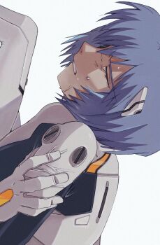 1girl ayanami_rei ayu_055 blue_hair bodysuit clenched_teeth closed_eyes commentary_request crying from_side highres interface_headset_(evangelion) mecha_pilot_suit neon_genesis_evangelion pain plugsuit_(evangelion) short_hair simple_background solo tears teeth white_background white_bodysuit