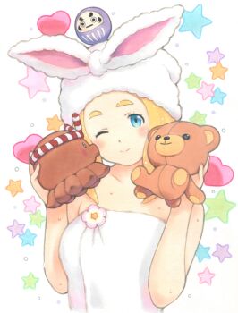 1girl ;) animal_ears bare_arms blonde_hair blue_eyes blush breasts collarbone commentary_request daruma_doll fake_animal_ears flower heart highres holding holding_stuffed_toy indie_virtual_youtuber kouhaku_nawa looking_at_viewer medium_hair naked_towel object_kiss object_on_head one_eye_closed pink_flower rabbit_ears rope shimenawa shinonome_megu smile solo star_(symbol) star_symbol_background stuffed_animal stuffed_octopus stuffed_toy teddy_bear thick_eyebrows towel towel_on_head upper_body virtual_youtuber wet white_background yug_(ekaki)