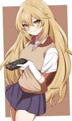 Rule 34 | 1girl, blonde hair, border, breasts, brown background, brown sweater vest, closed mouth, collared shirt, commentary request, controller, elbow gloves, gloves, grey skirt, highres, holding, holding remote control, large breasts, long hair, looking at viewer, miniskirt, outside border, pleated skirt, pocchari, remote control, school uniform, shirt, shokuhou misaki, short sleeves, skirt, smile, sparkling eyes, summer uniform, sweater vest, toaru kagaku no mental out, toaru kagaku no railgun, toaru majutsu no index, tokiwadai school uniform, white border, white gloves, white shirt, yellow eyes