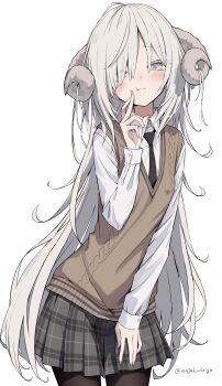 1girl absurdres commentary curved_horns flat_chest hamigakikoice highres horns long_hair necktie original pantyhose plaid_clothes plaid_skirt pleated_skirt school_uniform simple_background skirt solo very_long_hair vest white_eyes white_hair