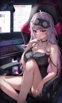 1girl babydoll bare_arms bare_shoulders black_babydoll black_mask blunt_bangs breasts chair chat_log cleavage collarbone computer computer_keyboard computer_mouse computer_tower drooling gaming_chair highres hololive hololive_english indoors knee_up large_breasts legs long_hair looking_at_viewer mask mask_on_head messy_hair microphone monitor mori_calliope multiple_monitors official_alternate_costume open_mouth pink_eyes pink_hair shuvi_(shuvi1125) sleep_mask solo strap_slip swivel_chair thighs vertical_monitor virtual_youtuber