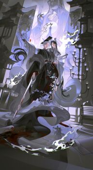 2boys absurdres animal arrow_(projectile) bamboo_slips bird black_hair black_hanfu blood bloody_weapon bow_(weapon) buddhism candle candlestand chinese_clothes chinese_text closed_mouth ershisi_shao_qing facial_mark fire forehead_mark full_moon fur_(clothing) fur_shawl grey_hair grey_shawl guan_hat hanfu hanging_scroll highres holding holding_sword holding_weapon horse jiaoling_ruqun long_hair long_sleeves long_sword looking_afar looking_at_another male_focus mian_guan moon multiple_boys multiple_views original painting_(object) paper parted_bangs parted_lips scroll shawl sitting smoke standing statue sword table weapon wide_sleeves yaoi yellow_eyes