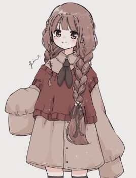 1girl black_neckerchief black_thighhighs blush braid brown_dress brown_eyes brown_hair brown_sweater_vest closed_mouth collared_dress commentary_request cowboy_shot dress grey_background highres long_hair long_sleeves neckerchief original pinartroom simple_background sleeves_past_fingers sleeves_past_wrists smile solo sparkle sweater_vest thighhighs twin_braids very_long_hair