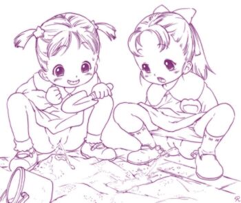 2girls blush bow bow_legwear bucket dress grin hair_bow hair_ornament holding holding_shovel ironashi kindergarten_uniform loli long_hair long_sleeves looking_down mary_janes monochrome multiple_girls name_tag no_panties open_mouth original panties panty_pull peeing ponytail puddle pussy sand sandbox shoes short_hair shovel smile socks spread_legs squatting star_(symbol) star_hair_ornament sweat teeth twintails underwear