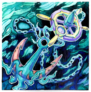 anchor border chain commentary dhelmise english_commentary fleebites full_body gen_7_pokemon nintendo no_humans pokemon pokemon_(creature) pokemon_focus seaweed ship's_wheel solo white_border