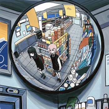 2girls backpack bag black_bag black_hair black_necktie blue_skirt convenience_store hair_ornament highres indoors long_sleeves mirror multiple_girls necktie nihiru0513 original pink_hair red_bag reflection reflection_focus shelf shoes shop skirt standing sweater_vest traffic_mirror