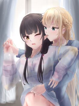 2girls absurdres asakura_karen_(heaven_burns_red) biting biting_ear black_hair blonde_hair blush braid clothes_lift curtains ear_licking green_eyes heaven_burns_red highres holding_hands indoors licking lifting_another&#039;s_clothes long_hair long_sleeves looking_at_another low_twintails multiple_girls navel one_eye_closed open_mouth pajamas saliva shirt_lift striped_clothes terulion1192 toujou_tsukasa twintails window yellow_eyes yuri