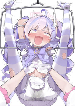 2girls ahoge arms_up bdsm bloomers blue_archive blush bow bowtie commentary_request drill_hair drooling hair_ornament halo heart heart-shaped_pupils highres laughing legs_up loli multicolored_hair multiple_girls navel open_mouth pantyhose peeing peeing_self pink_halo purple_bow purple_bowtie purple_eyes purple_hair reisa_(blue_archive) restrained rolling_eyes simple_background so_(user_jkaz7455) solo_focus star_(symbol) star_hair_ornament striped_clothes striped_pantyhose suzumi_(blue_archive) symbol-shaped_pupils tickling torn_clothes torn_pantyhose twin_drills twitching underwear white_background