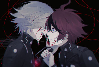 2boys ahoge aotsuki_eito aquam0n1ca black_background black_jacket black_streaks blood blood_on_face blue_eyes commentary crying crying_with_eyes_open evil_smile gakuran glasses glitch gloves grey_hair highres holding holding_weapon jacket last_defense_academy_school_uniform looking_ahead male_focus multicolored_hair multiple_boys red_hair school_uniform short_hair smile spoilers stab streaked_hair string string_of_fate sumino_takumi tears the_hundred_line_-last_defense_academy- upper_body weapon white_gloves wide-eyed yaoi