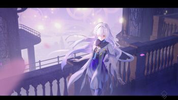 1girl absurdres artist_logo colored_eyelashes commentary dress english_commentary gradient_clothes gradient_dress grey_hair hair_over_one_eye highres jacket letterboxed logo long_hair looking_at_viewer mornye_(wuthering_waves) purple_dress qurami red_eyes see-through_body solo tacet_mark_(wuthering_waves) white_jacket wuthering_waves