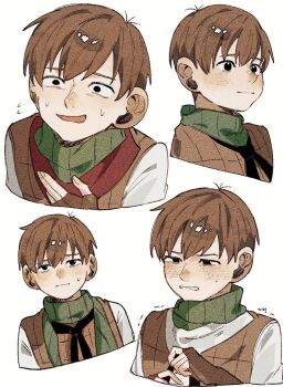 0a_9_(pixiv82791714) 1boy blush brown_gloves brown_hair brown_vest chilchuck_tims clenched_teeth cowlick cropped_torso dungeon_meshi fingerless_gloves gloves hand_on_own_chest male_focus multiple_views nose_blush short_hair solo sweatdrop teeth trembling upper_body vest white_background wince
