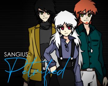 1girl 2boys black_hair collared_shirt green_eyes jacket kodoku long_hair lucien_klein mackenzie_napoli multiple_boys orange_hair original red_eyes sangius sangius_petrified shirt simple_background skirt suspenders turtleneck vincent_silverman white_hair