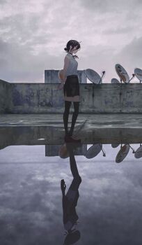 1girl absurdres arms_behind_back black_choker black_ribbon black_shorts black_thighhighs bomb bomb_devil_(chainsaw_man) breasts brown_shoes chainsaw_man choker cloud cloudy_sky collared_shirt different_reflection dual_persona explosive full_body green_eyes grenade_pin hair_between_eyes hair_bun highres loafers medium_breasts medium_hair neck_ribbon on_rooftop purple_hair reflection reze_(chainsaw_man) ribbon satellite_dish shirt shoes shorts silo_(owo) sky sleeveless sleeveless_shirt solo standing thighhighs updo white_shirt