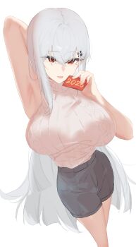 1girl 2026 absurdres arm_behind_head arm_up armpits bare_arms black_shorts breasts card commentary dated_commentary feet_out_of_frame hair_between_eyes hair_ornament hairclip hand_up highres holding holding_card huge_breasts long_hair looking_at_viewer mole mole_under_eye open_mouth original parallel_hairclips red_eyes sarea_(sarea2020) short_shorts shorts sideboob simple_background sleeveless sleeveless_sweater solo sweater very_long_hair white_background white_hair white_sweater