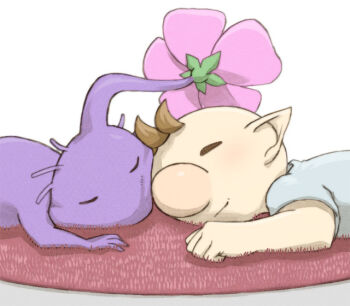 1boy alternate_costume big_nose blue_shirt brown_hair casual clenched_hand closed_eyes closed_mouth colored_skin flower happy heads_together light_blush lying naru_(wish_field) nintendo no_mouth olimar on_rug on_stomach pikmin_(creature) pikmin_(series) pink_flower pointy_ears purple_hair purple_pikmin purple_skin rug shirt short_hair short_sleeves simple_background smile t-shirt upper_body very_short_hair white_background