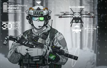 1other assault_rifle baklava battery_indicator combat_helmet copyright_request drone fast_helmet forest gloves gun heads-up_display helmet holding holding_gun holding_weapon load_bearing_vest military_combat_uniform military_uniform mk117 nature pointing_out_the_details quadcopter rifle solo tape tree upper_body user_interface weapon white_gloves white_mask winter