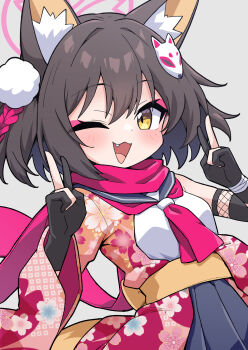 1girl animal_ear_fluff animal_ears black_gloves black_hair blue_archive commentary_request double_v eyeshadow fang fox_ears fox_girl fox_hair_ornament fox_tail fukamiki_kei gloves hair_between_eyes hair_ornament halo highres izuna_(blue_archive) looking_at_viewer makeup one_eye_closed open_mouth partially_fingerless_gloves pink_eyeshadow pink_halo pink_scarf pom_pom_(clothes) pom_pom_hair_ornament scarf short_hair smile solo tail v yellow_eyes