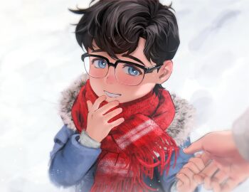 1boy arm_up black_hair blue_eyes blue_jacket blush child clark_kent dc_comics footprints fur-trimmed_jacket fur_trim glasses grin hashtag-only_commentary highres holding_hands illuzyne jacket male_focus my_adventures_with_superman out_of_frame parted_hair red_scarf scarf short_hair smile snow solo_focus superman_(series) teeth white_fur