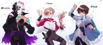 3boys absurdres adapted_costume alternate_costume animification armor belt bird_boy bird_wings blonde_hair blue_eyes brown_hair cape crown ender_pearl english_text eye_of_ender head_wings heterochromia highres holding kohhekuu male_focus minecraft minecraft_youtube multicolored_hair multiple_boys origins_smp pants pointy_ears prince ranboo ranboo_(enderian) short_hair split-color_hair split-color_skin standing strap sword tommyinnit tommyinnit_(avian) tubbo tubbo_(shulk) weapon wheat wings