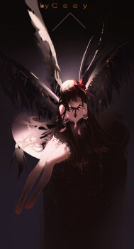 1girl akemi_homura akuma_homura armlet artist_name bare_legs bare_shoulders barefoot black_background black_collar black_dress black_gloves black_hair black_wings bow ceey center_opening chinese_commentary closed_mouth collar commentary_request dark downturned_eyes dress elbow_gloves expressionless feather-trimmed_dress feathered_wings full_body gloves hair_between_eyes hair_bow hair_over_hairband hair_spread_out hands_on_table highres jewelry light_frown long_hair looking_ahead mahou_shoujo_madoka_magica mahou_shoujo_madoka_magica:_hangyaku_no_monogatari multiple_wings on_table painterly purple_eyes red_bow short_dress side_slit sitting solo spread_wings straight_hair strapless strapless_dress table very_long_hair wings