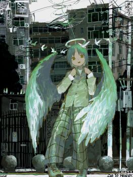 1girl absurdres baggy_pants bird bob_cut brown_eyes building chinese_text coat detached_sleeves english_text feathered_wings full_body gate green_coat green_hair halo hands_up highres looking_at_viewer maomi_jita original outdoors painterly pants plaid_clothes plaid_pants power_lines shirt shoes short_hair sign sneakers solo too_many too_many_birds utility_pole white_shirt white_wings wings wire