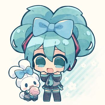 1girl absurdres alternate_hairstyle aqua_eyes aqua_hair aqua_necktie black_boots black_skirt blue_bow blush boots bow chibi cinnamiku cinnamon_roll cinnamoroll clenched_hands commentary_request cosplay crossover detached_sleeves double_bun ear_bow food full_body fuwa_fuwa_cinnamoroll hair_bow hair_bun hands_up happy hatsune_miku hatsune_miku_(cosplay) headphones heart highres holding holding_food looking_at_another matching_outfits miniskirt misosiru_0224 necktie open_mouth pleated_skirt sanrio skirt striped_background thigh_boots thighhighs tie_clip tied_ears updo vocaloid zettai_ryouiki