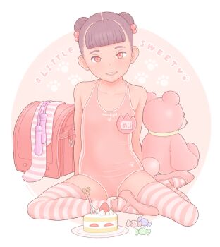 1girl a_kun backpack bag ballerina ballet ballet_slippers bare_shoulders blunt_bangs brown_hair cake collarbone crime_prevention_buzzer double_bun flat_chest food fork fruit full_body hair_bobbles hair_bun hair_ornament highres leotard loli looking_at_viewer name_tag one-piece_swimsuit original parted_lips paw_print pink_shoes pink_thighhighs plate randoseru red_eyes school_swimsuit shoes short_hair sitting smile solo strawberry striped_clothes striped_thighhighs stuffed_animal stuffed_toy swimsuit teddy_bear thighhighs white_background yokozuwari