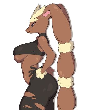 1girl body_fur breasts brown_fur crop_top dark_skin furry furry_female gen_4_pokemon happy highres large_breasts looking_at_viewer lopunny mega_evolution mega_lopunny mega_pokemon midriff nintendo pink_eyes pointy_ears pokemon pokemon_(creature) potatoartox potatoartx0 simple_background smile solo sports_bra thighhighs