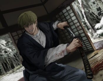 Rule 34 | 1boy, absurdres, blood, blood on clothes, blood on ground, drawing sword, ear piercing, earrings, evil smile, gimppachi, green hair, highres, holding, holding sword, holding weapon, japanese clothes, jewelry, jujutsu kaisen, katana, male focus, piercing, short hair, smile, solo, sword, weapon, zen'in naoya