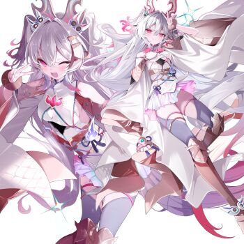 1girl absurdres armored_boots baki_(duel_masters) bangle boots bracelet breasts brown_hair cleavage cleavage_cutout closed_mouth clothing_cutout duel_masters gradient_clothes hair_behind_ear hair_between_eyes hair_ornament highres horns japanese_clothes jewelry kimono long_hair looking_at_another multicolored_hair multiple_views one_eye_closed onodera_nire open_mouth pink_eyes pink_hair purple_thighhighs sparkle thigh_strap thighhighs v v_over_eye v_over_head very_long_hair white_background white_hair white_kimono